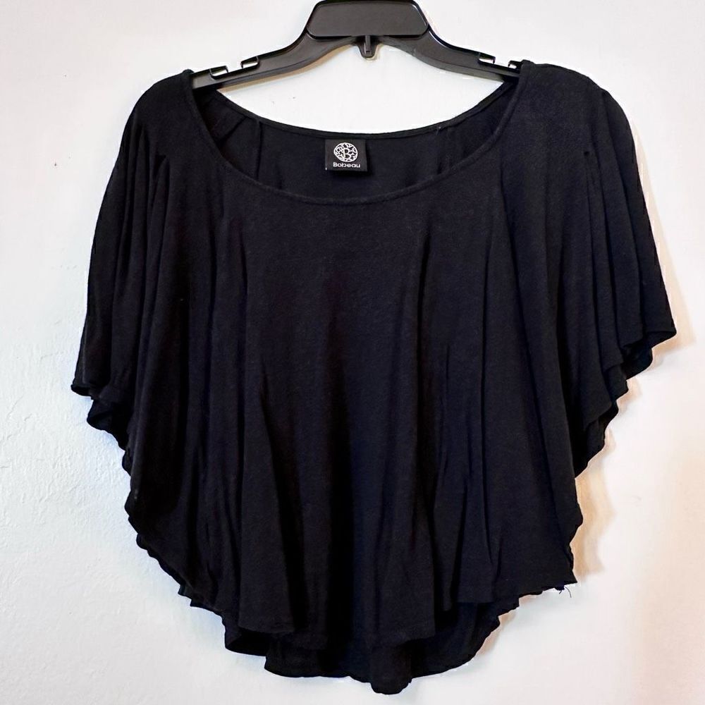 Bobeau Flutter Short Sleeve Relaxed Fit Rayon Flax Blend Flowy Blouse Black XS